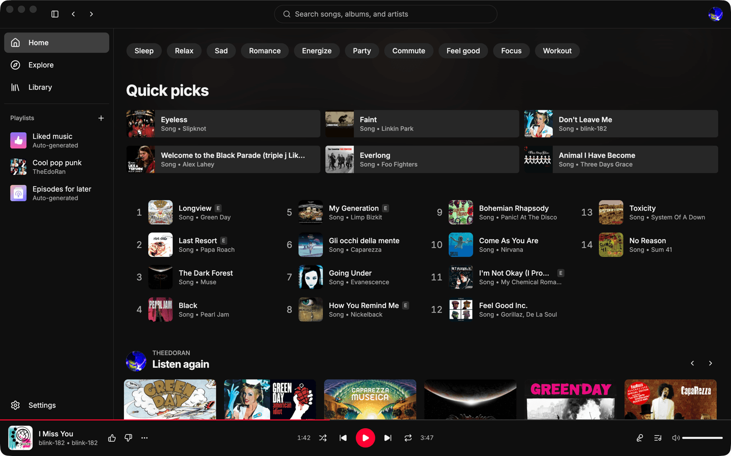 Nixie showing a home feed of albums and playlists, with the player bar along the bottom